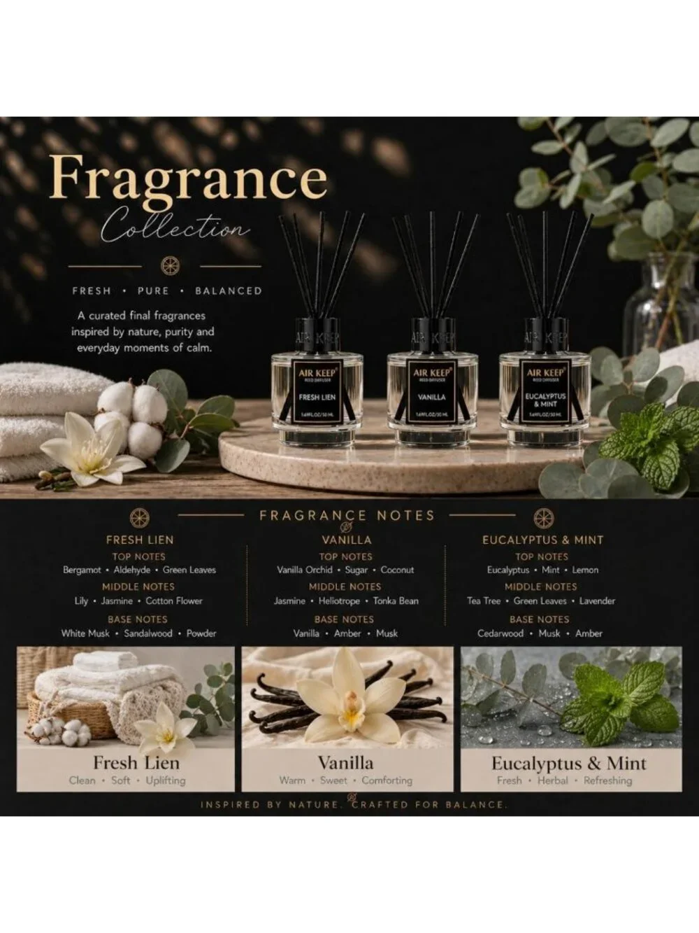 Set of 3 Reed Diffusers for Bathroom | Fresh Linen, Vanilla, Eucalyptus & Mint